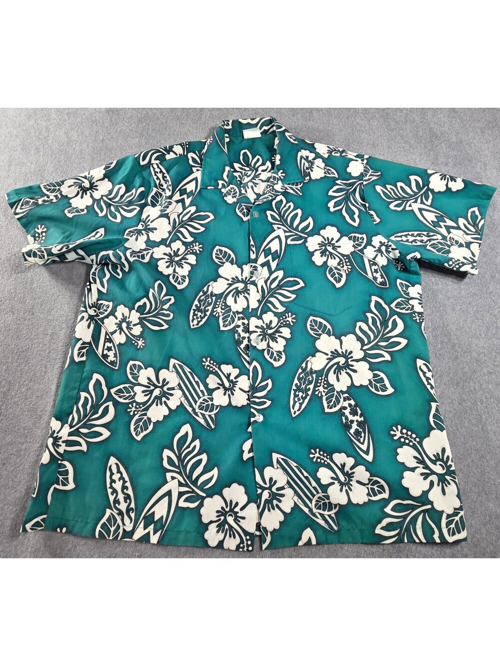 Jade Fashions Hawaiian Shirt XL Teal Floral Surf Aloha Rayon Made Hawaii